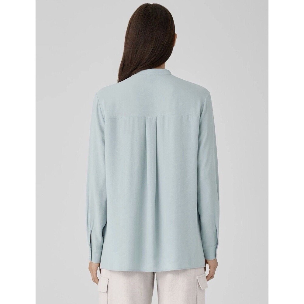 Eileen Fisher Frost Silk Georgette Mandarin Collar Long Sleeve Shirt Women Med - Picture 7 of 7